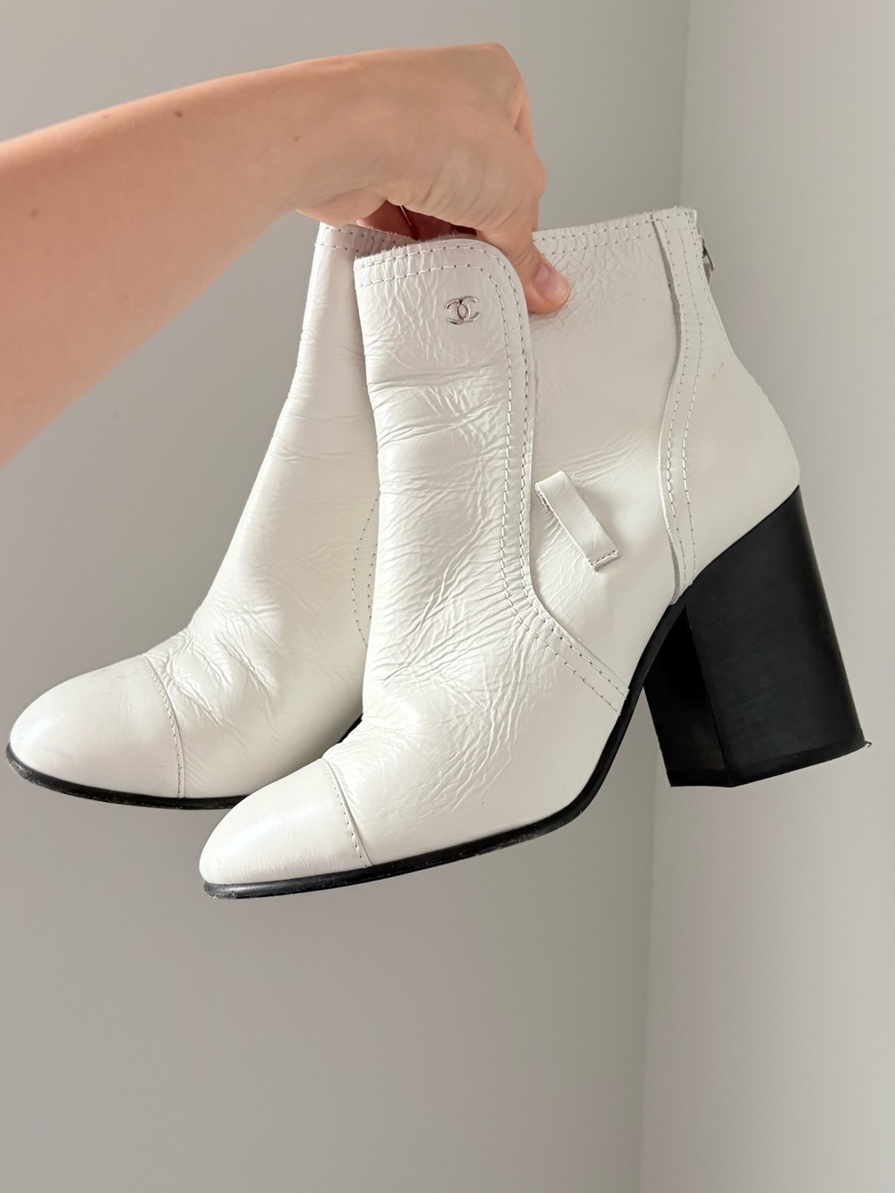 Vintage CHANEL White Leather Ankle Booties with Block Heel
